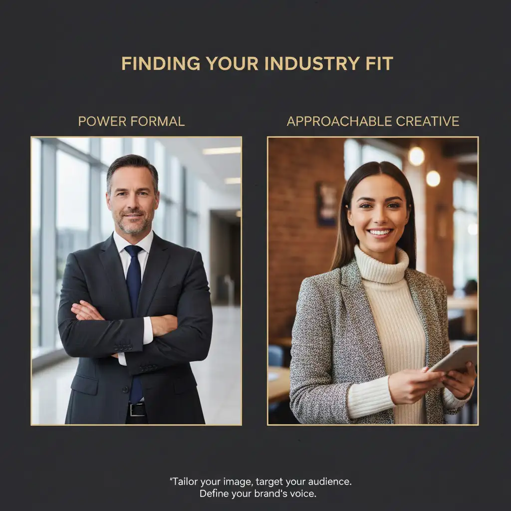 Comparison of a formal "Power Formal" corporate headshot for law or finance versus an "Approachable Creative" branding portrait for realtors or entrepreneurs.