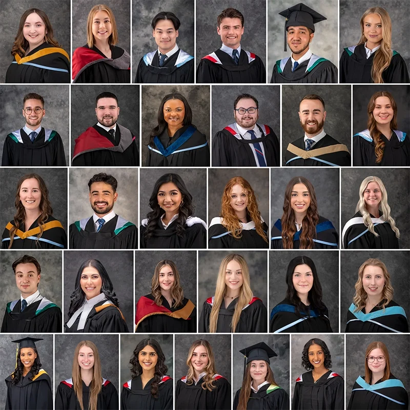 Photos of university graduates proudly wearing their academic hoods and gowns, captured at Moments in Time Photography Studio in Halifax. Graduation portrait studio