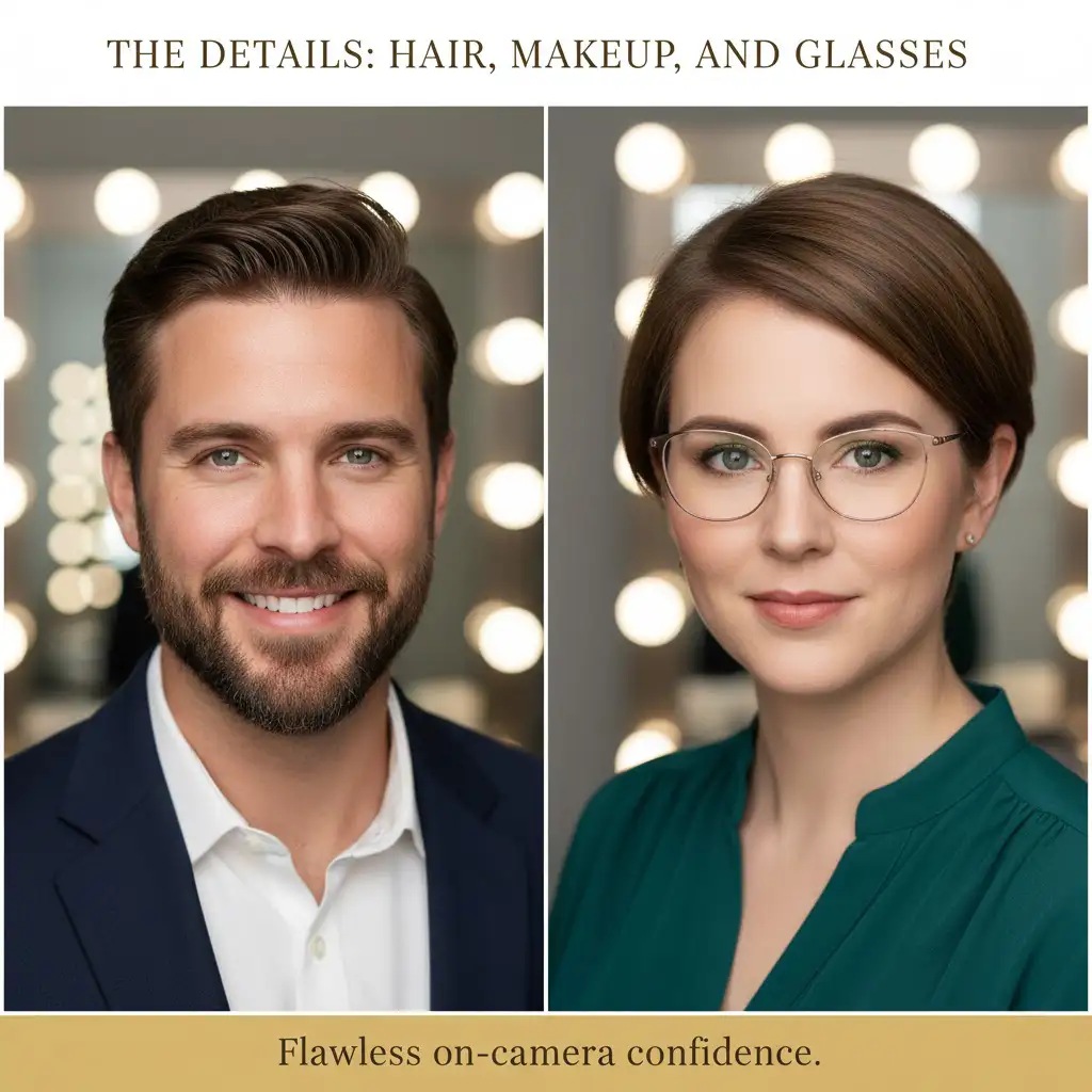 Examples of professional grooming for men and women, showing clean hair styling, natural makeup, and glare-free glasses for a business portrait.